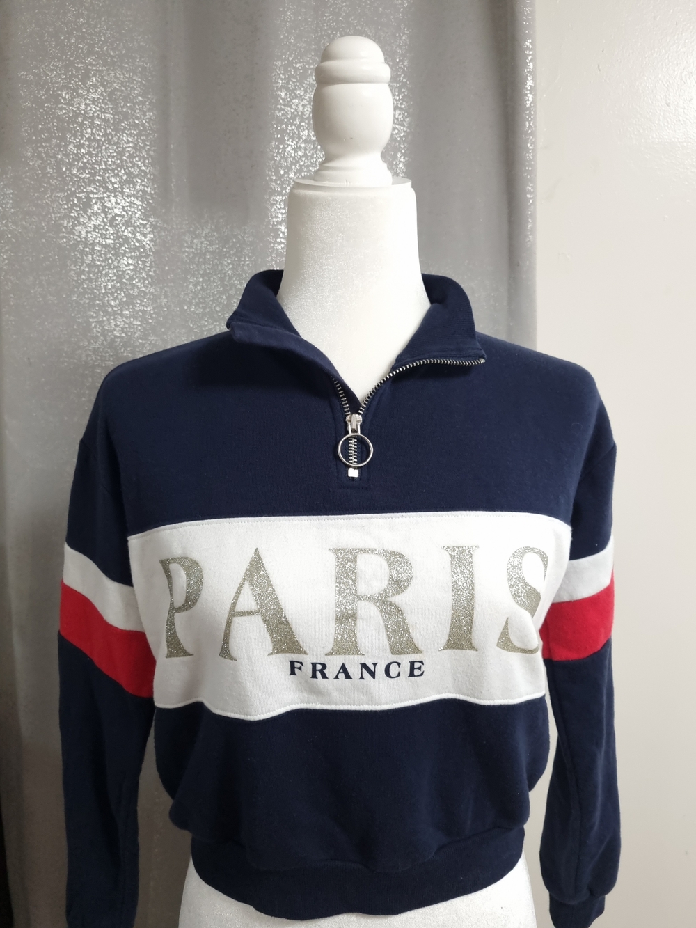 H&M Divided Paris France Half Zip Cropped Sweatshirt Navy Kids 10-12Y